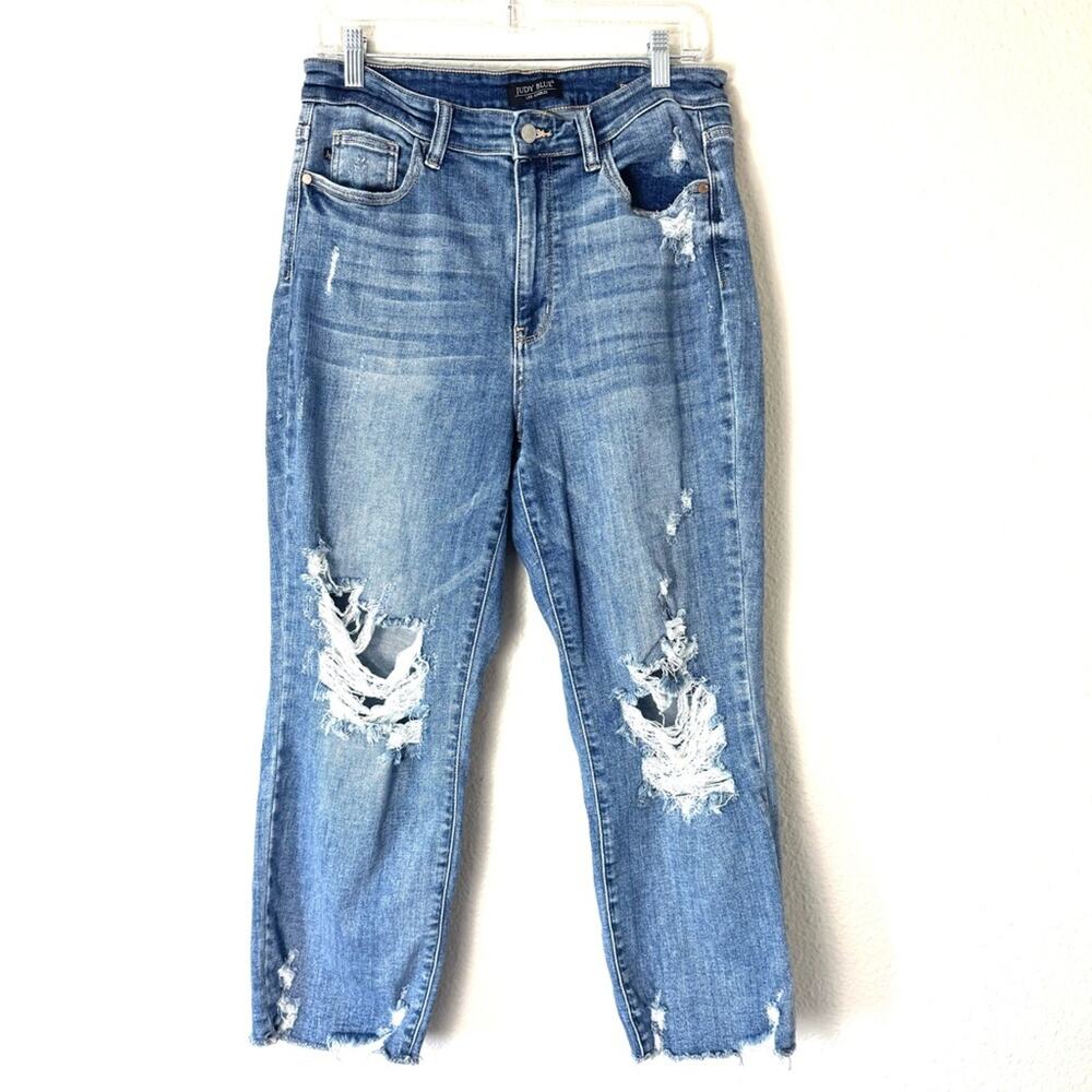 Judy Blue Straight Leg Cropped Distressed Blue Jeans Size 30